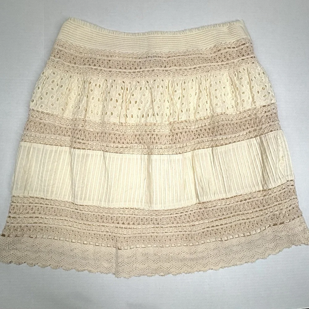 Scully Western Crochet Skirt‎ Womens Large Multi Panel Elastic Boho Ivory HC210